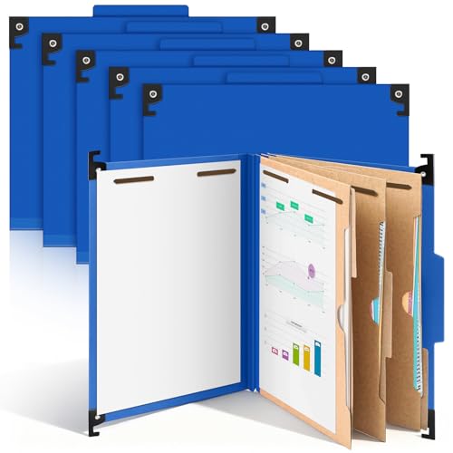 Henoyso 10 Pcs Hanging Classification Folders Letter Size 3 Pocket Dividers File Folder with 8 Prongs Fasteners, 4 in Expansion Heavy Duty Pressboard Organizer for School Office Medical Document, Blue
