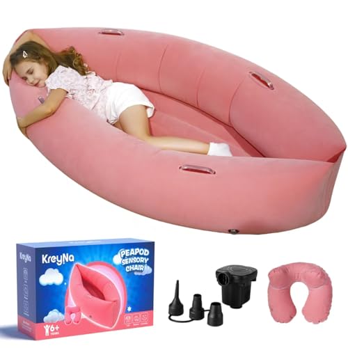 Sensory Chair Inflatable Peapod Canoe 60 Sensory Pod Sitting for Autistic Children ADHD Sensory Pea Pod with Neck Pillow Electric Air Pump Pink
