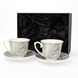LIVELLO Set aus 2 Porzellantassen mit Untertassen 250 ml Elegante Kaffeetassen im Geschenkset Kaffebecher Kaffe-Tasse Porzellan Pott Tee Küche Restaurant Tassen Becher Perfekt Tee Grau