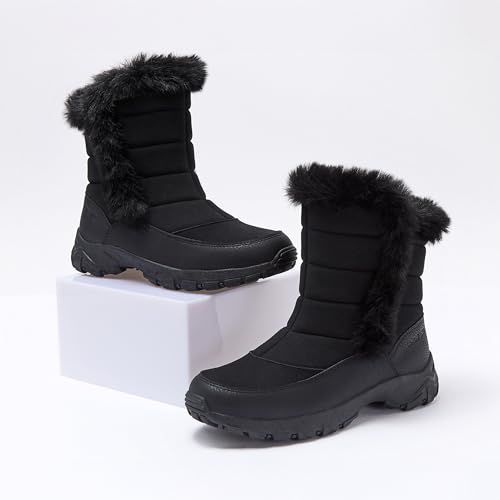 Lands' End Expedition Slip On Insulated Waterproof Winter Boots for Women, Puffer Fur Trimmed Hook & Loop Womens Boots, Medium or Wide Width Sizes 6 to 11, Black, Brown or White - Black, 8 Medium by Lands' End - Image 6