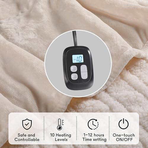 Heated Blanket Electric Blanket Queen Size 84''x90'' with 10 Heating Levels, 1-12 Hour Auto Shut Off, Machine Washable, Dual Controller Soft Warming Blanket for Couch, Bed, Office - White — view 4