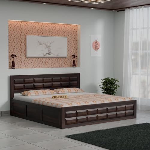 Image of Solid Sheesham Wood Queen Size Bed with Storage | Wooden Double Bed Cot for Bedroom & Home | Palang Double Bed with Designer Headboard | Walnut Finish | 81 x 62 Inch