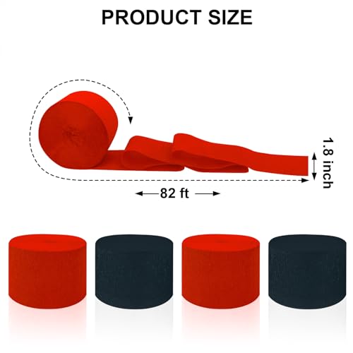 Image of 4 Crepe Paper Streamers Rolls, 328ft Pack of Red and Black Crepe Paper for Birthday Wedding Baby Shower Party Decorations (1.8 inch x 82 ft /Roll)