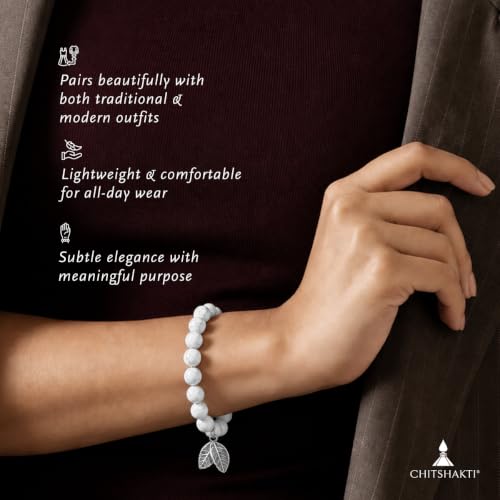 Image of Chitshakti Natural Howlite Bracelet with Charm | 8mm Semi-Precious White Stone Beads | Handmade Stretchable Unisex Crystal Jewelry |