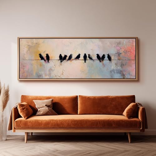 Oiseaux sur un fil peinture panoramique grand format mur nu