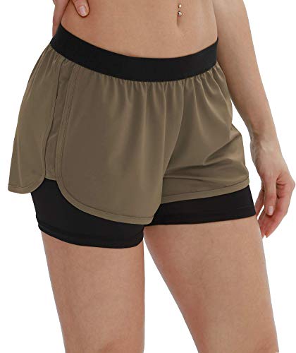 icyzone Running Yoga Shorts for Women - Activewear Workout Exercise Athletic Jogging Shorts 2-in-1 (XL, Coffee)