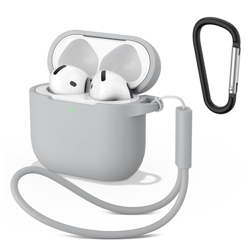 Image of Tobfit Case for AirPods 4 Case Cover 2024 with Lanyard & Keychain, Soft Silicone Protective Case for Apple AirPods 4th Generation, Full Protection, Support Wireless Charging - Gray