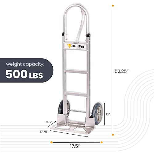 Haulpro Heavy Duty Hand Truck With Vertical Loop Handle - Aluminum Dolly Cart For Moving - 500 Pound Capacity - 10" Rubber Wheels - 52.25" H X 17.5" W With 17.75" X 9.5" Diecast Nose Plate #TOP1