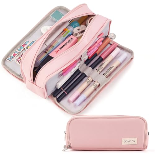 cicimelon large capacity pencil case 3 compartment pouch pen bag for school teen girl boy men women pink