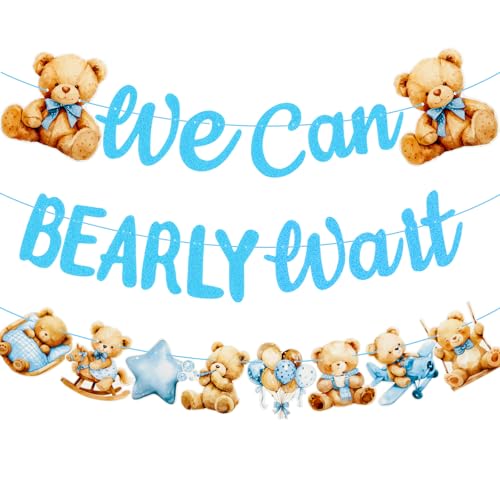 3PCS We Can Bearly Wait Party Banner, Pre-Strung Blue Bear Theme Party Banner Garland Decorations for Boy Baby Shower Decor