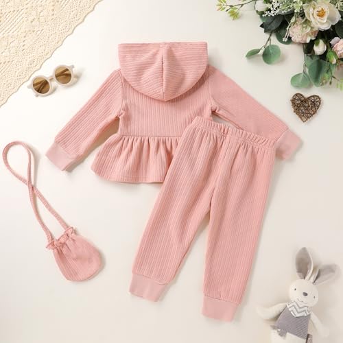 Happy Town Toddler Baby Girl Clothes Ribbed Knit Long Sleeve Hoodie Shirt Solid Pants Set with Bag Fall Winter Outfit3