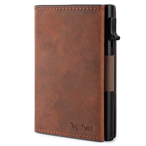 TopMost Genuine Leather Pop Up Wallet for Men, Credit Card Holder, RFID Blocking Ridge Wallets for Men with ID Window, Slim, Minimalist, 5-9 Card Capacity & Cash Bills, Brown Camel