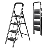 脚立 折りたたみ式 手すり付き 室内・屋外用 耐荷重150KG コンパクト 省スペース 滑り止め付き (ブラック(新モデル), 4段) OSATA-001