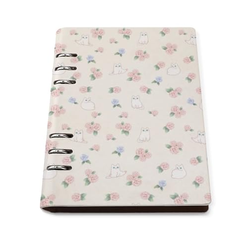 A5 ノート リフィル対応 花柄 かわいい猫 PUレザー 手帳型 ビジネスノート 6穴 バインダー 書きやすい リングノート 多機能 メモ帳 学生 社会人 仕事用 おしゃれ