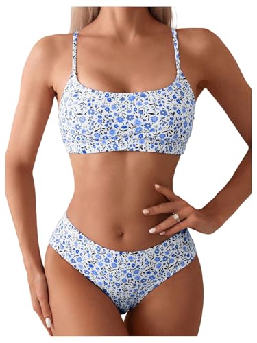 Verdusa Women's 2 Piece Floral Print Bikini Set Boho Square Neck Backless Low Rise Swimsuit