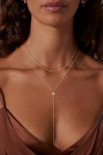 Lariat Gold Necklaces for Women - Dainty Gold Necklace Trendy 14K Gold Plated Hypoallergenic Layered Long Y-Shape Sunburst CZ T-Bar Pendant Drop Chain Necklace Set for Women Non Tarinsh Jewelry Gift3