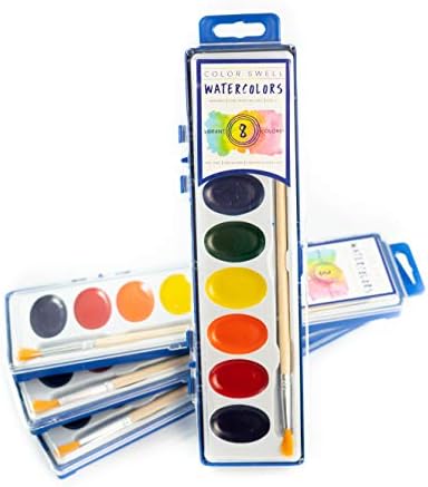Color Swell 4 Pack Watercolor Paints with Wood Brushes 8 Colors Washable Watecolors are Perfect for Kids, Parties, Classrooms, All Ages