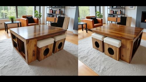 Image of Sheesham Wood Center Coffee Table with 4 Cushioned Stool Wooden Teapoye Table for Living Room Home (Natural Finish)