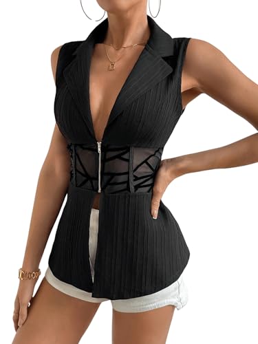 SweatyRocks Women's Lapel V Neck Sleeveless Blazer Sheer Mesh Zipper Vest Jackets4