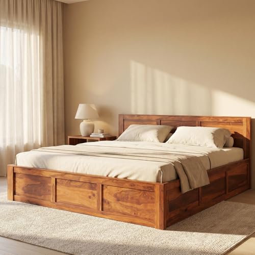 Image of Solid Sheesham Wood King Size Bed with Box Storage for Bedroom Furniture Wooden Palang for Living Room Furniture (Honey Finish)