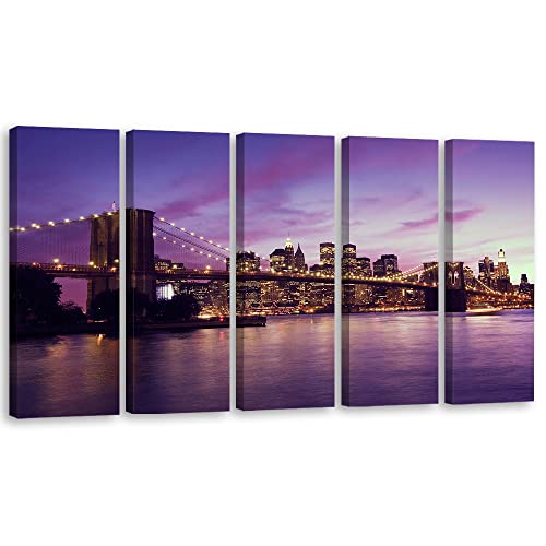 Feeby 5 pièces Impression sur Toile Intissé 100x40 cm New York Le pont de Brooklyn Manhattan Image décoration Murale Design Chambre d'enfant Ville Nuit...
