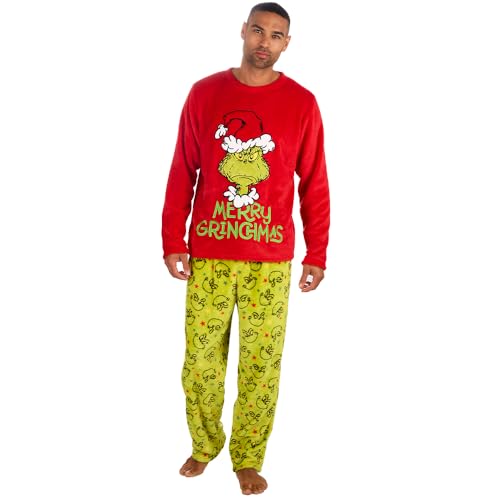 Huggable Hoodie Adults Mens Grinch Applique warm Fleece Longline Pyjama Set Green Small