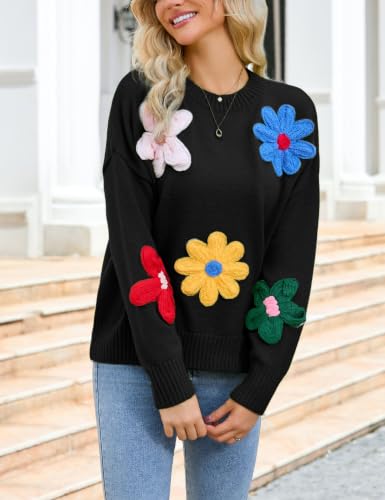 Image of Women Floral Sweater Casual Colorful Flower Knit Pullover Top