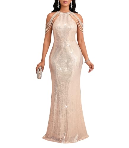 Image of Cololura Women Sexy Elegant Sequin Tassel Off Shoulder Halter Bodycon Maxi Dress Party Evening Gown Formal Dress