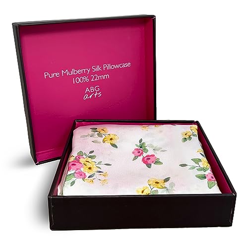 %100 Pure Mulberry Silk Satin Pillowcase, 22 mm Printed, Standard Size 75 x 50 cm. (Pink/Yellow Floral), Pink/ Yellow Floral - Image 2