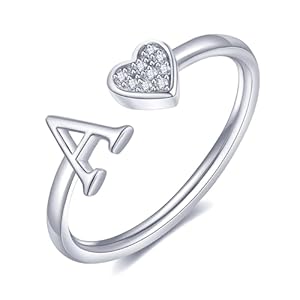 WFYOU Heart Initial Ring for Women – Silver Rose Gold Plated Capital Letter Stackable Rings – Adjustable Alphabet Jewelry Gifts