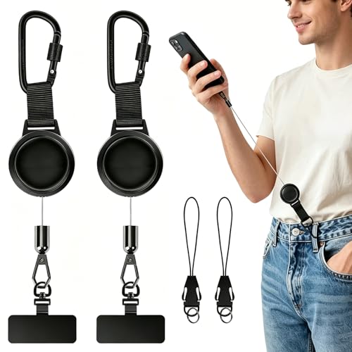 2Pack Anti theft Phone Tether Retractable Phone Lanyard with Steel Cable Locking Carabiner & 360 Swivel Universal Phone Tether Tab for Outdoor Skiing Hiking Climbing Fishing Black