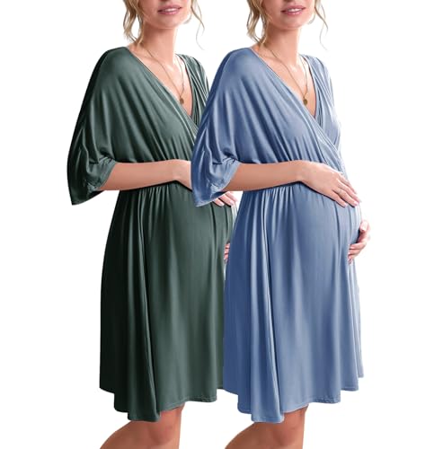 Image of Ekouaer 3 in 1 Labor/Delivery/Hospital Gown 2 Pack Maternity Dress Nursing Nightgown Sleepwear