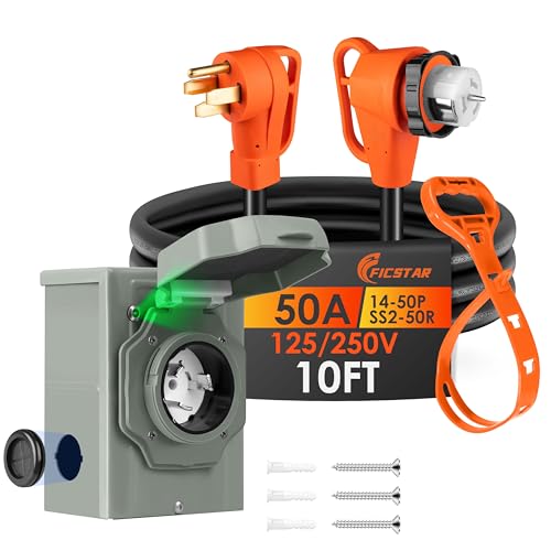 Ficstar 10FT 50 Amp Generator Cord and Power Inlet Box Kit NEMA 14-50P to SS2-50R Generator Extension Cord Pre-Drilled 50 Amp Generator Inlet Box with STW Wire 125/250V 12500W;UL&ETL Listed