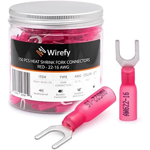 Wirefy 150 PCS Heat Shrink Fork Connectors #10 - a Resistant Fork Terminals - Spade Fork Wire Connectors - Red 22-16 Gauge Cover