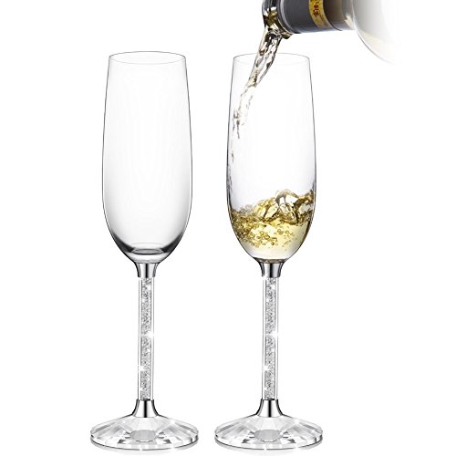 IFOLAINA Champagne Glasses Set of 2 Christmas Flutes Lead Free 8 Ounce with Clear Long Crystal Diamond Stem -New Year Valentine's Day, Birthday, Anniversary or Wedding Gifts