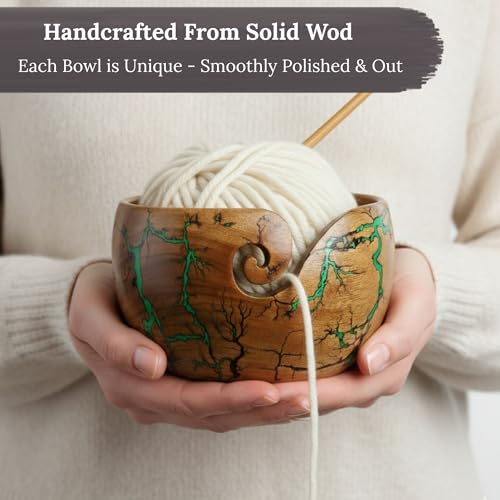 Image of Lichtenberg Figure Yarn Bowl - Handmade Wooden Yarn Bowl for Knitting Yarn Ball Holder - Yarn Bowls with Holes Crochet Bowl Holder - Yarn Storage Bowl 7 inch x 4 inch inches (Green)