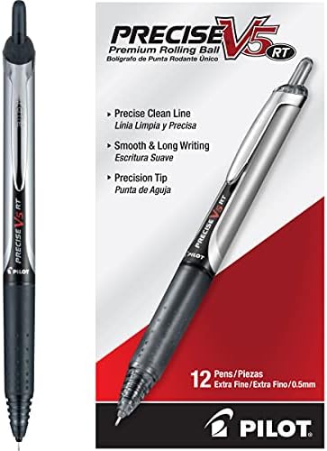 PILOT Precise V5 RT Refillable & Retractable Liquid Ink Rolling Ball Pens, Extra Fine Point (0.5mm) Black Ink, 12-Pack (26062)