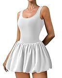 Athletic Dress For Women Bubble Hem Tennis Dress With Pockets U Neck Sleeveless Dress With Built In Shorts White
