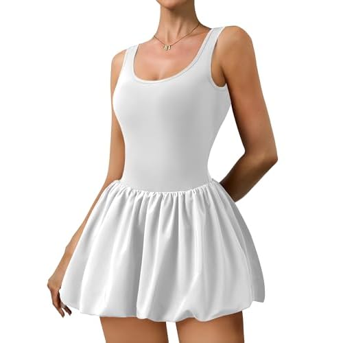 Athletic Dress for Women Bubble Hem Tennis Dress with Pockets U Neck Sleeveless Dress with Built in Shorts White XX-Large