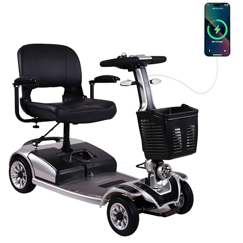 Scooters de Movilidad Plegables para Adultos, Scooter de Movilidad de 4 Ruedas Capacidad de 190 kg Batería Extendida de 35km de Largo Alcance con Canasta y Señal de Giro (Plata)