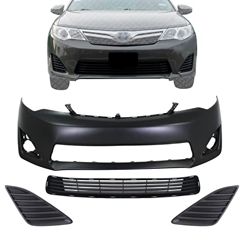 US AUTO PARTS PLUS New Front Bumper Cover Primed + Lower Grille + Fog Light Covers Textured Right Passenger & Left Driver Side Direct Replacement For Toyota Camry 2012-2014