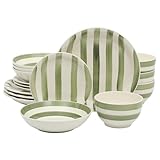 Gibson Home Kenwood Shores 16 Piece Dinnerware Set, Green Striped, Hand-Painted Stoneware, Plates and Bowls, Service for 4, Microwave & Dishwasher Safe