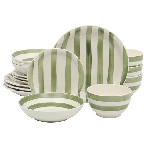 Gibson Home Kenwood Shores 16 Piece Dinnerware Set, Green Striped, Hand-Painted Stoneware, Plates and Bowls, Service for 4, Microwave & Dishwasher Safe
