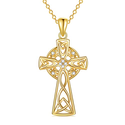 Natural Diamond Celtic Cross Irish Knot Necklace for Women,18K Yellow Gold Plated 925 Sterling Silver Trinity Knot Celtic Pendant Necklace Christmas Birthday Gifts for Mom Wife 18