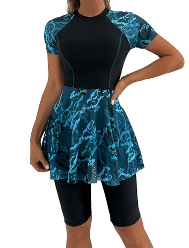FYMNSI Women Split Two-Piece Swimsuit Breathable Mesh Short Sleeve Floral Print Swim Dress with Boyshorts Modest Bathing Suit