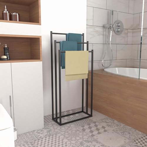 رف مناشف قائم بذاته مكون من 3 طبقات للحمام من فيلالونا، حامل بطانيات معدني قائم على الأرض، رف تجفيف متين وسهل النقل لحمام السباحة الخارجي وحوض الاستحمام والتخزين (نمط 1)