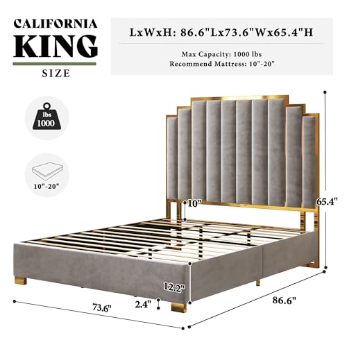 Image of AMERLIFE California King Size Upholstered Bed, Modern Velvet Bed Frame with 65.4 inch Tall Gold Trim Headboard, No Box Spring Needed, Grey