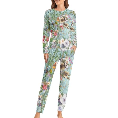 Ensemble de pyjama femme fleurs lumineuses sleepwear pantalon et t-shirt manches longues