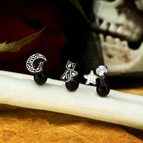 Jewseen 16G Cartilage Earring Moon Cat Conch Earring 316L Stainless Steel Helix Earring 3Pcs Tragus Earrings Ghost Piercing Jewelry For Halloween Day #TOP1