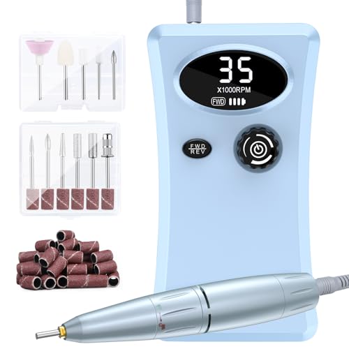 Cadrim torno manicura,Torno para Uñas Profesional,35000 RPM Portátil USB Recargable lima de Uñas Eléctrica con 11 Puntas y Display LCD,Anillo de pulido 56 PC,Adecuado para uso en salón(Azul)
